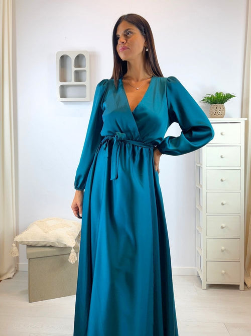 Abito lungo scollo v maniche e spacco