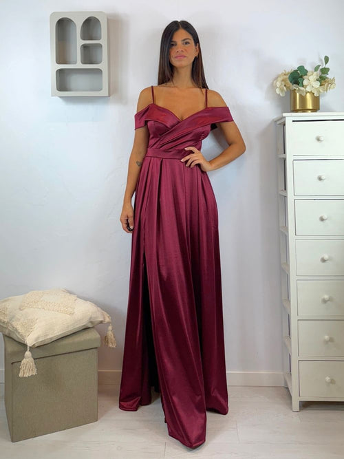 Vestito lungo raso manica scesa spacco