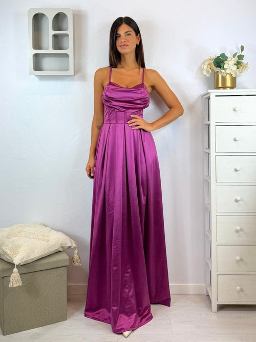 Vestito lungo raso corpetto strutturato spacco