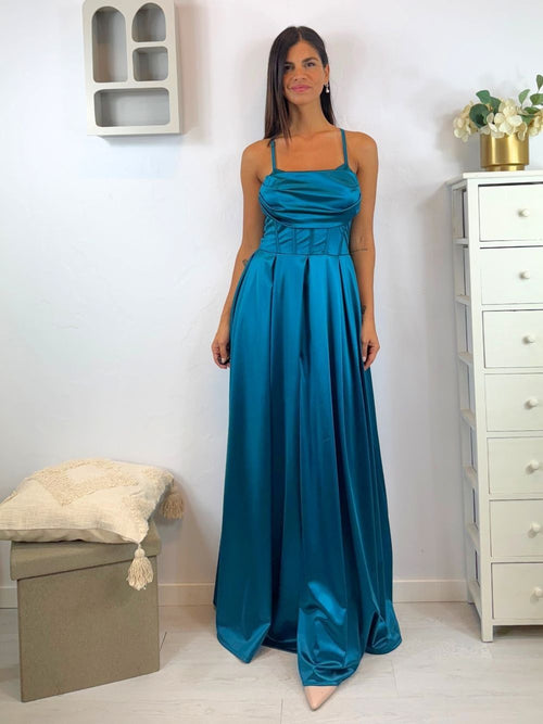Vestito lungo raso corpetto strutturato spacco