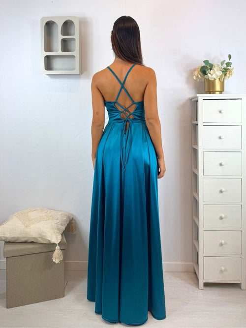 Vestito lungo raso corpetto strutturato spacco