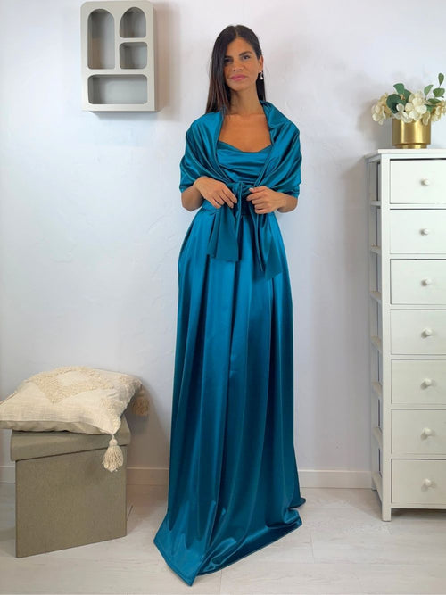 Vestito lungo raso corpetto strutturato spacco