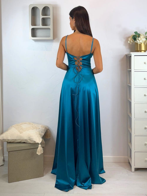 Abito cerimonia raso corsetto intrecciato dietro