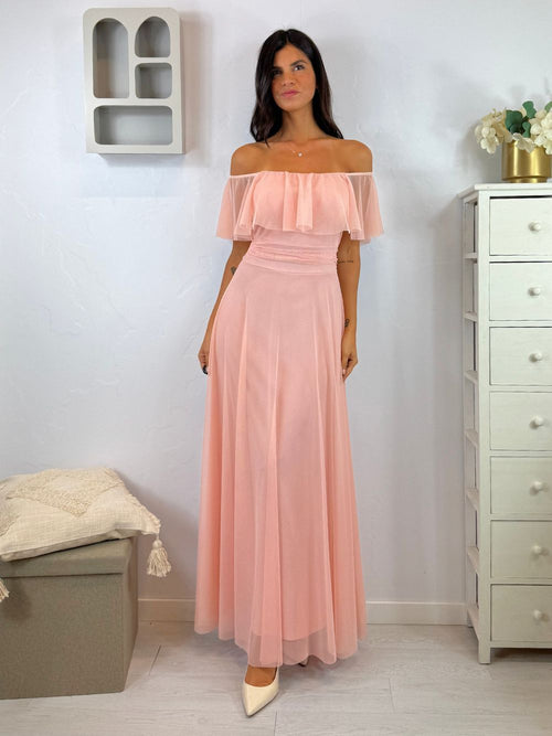 Vestito lungo tulle manica scesa volant
