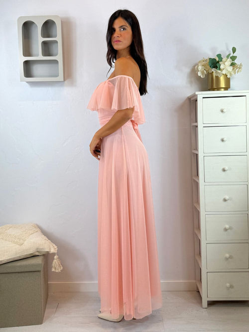 Vestito lungo tulle manica scesa volant