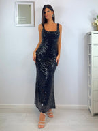 Abito lungo paillettes scollo quadrato