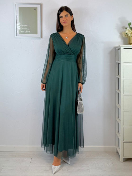 Abito cerimonia tulle scollo v maniche