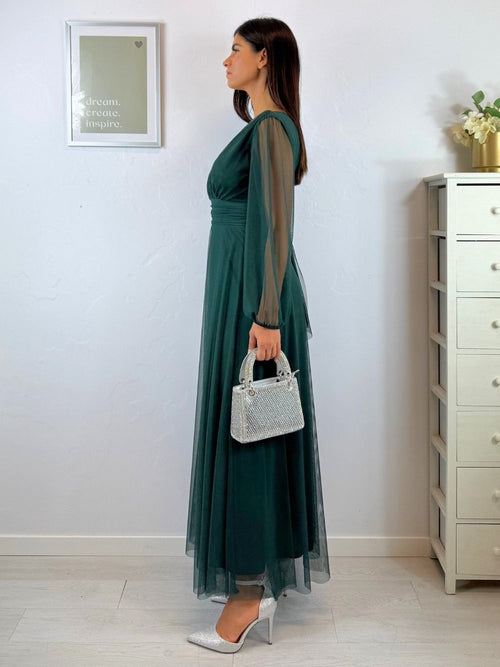 Abito cerimonia tulle scollo v maniche