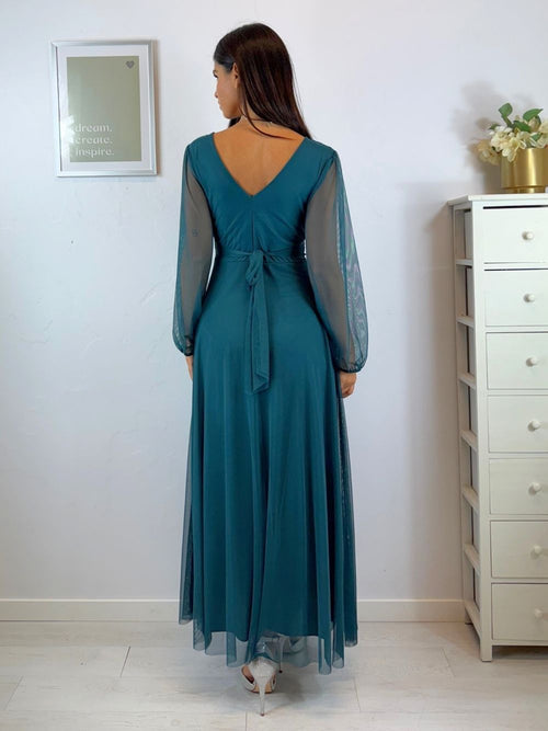 Abito cerimonia tulle scollo v maniche