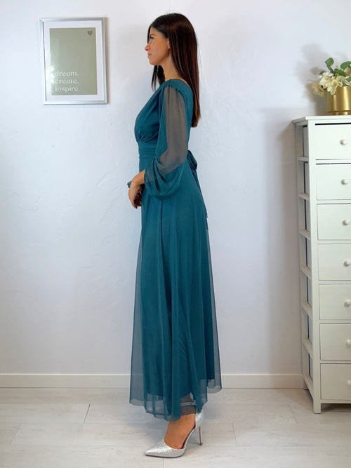 Abito cerimonia tulle scollo v maniche