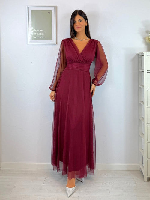 Abito cerimonia tulle scollo v maniche