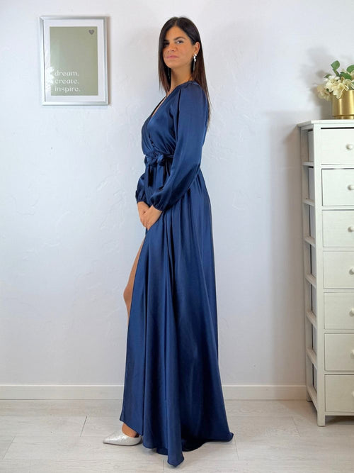 Abito lungo scollo v maniche e spacco