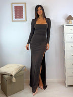 Vestito lungo sirena scollo quadrato arricciato