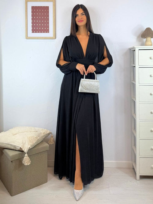 Vestito lungo scollo incrociato arricciato schiena