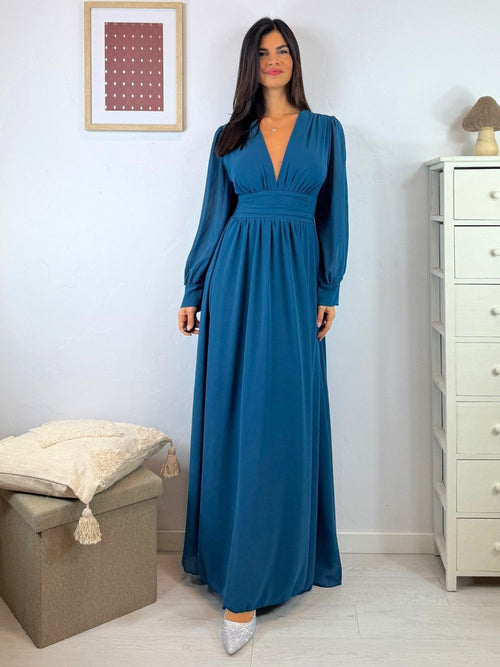 Vestito lungo scollo incrociato arricciato schiena
