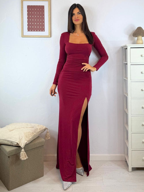Vestito lungo sirena scollo quadrato arricciato
