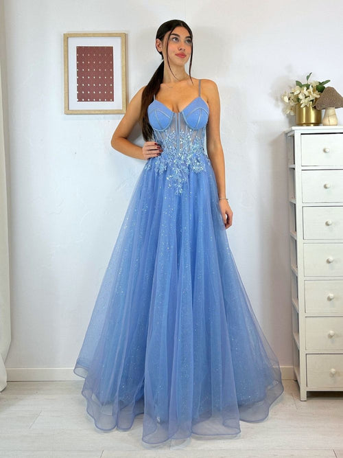 Abito cerimonia corpetto pizzo gonna brilli tulle