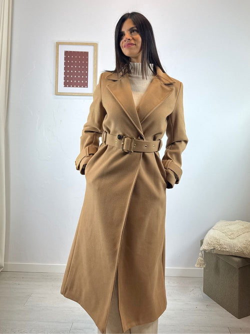 Cappotto lungo doppiopetto con cintura