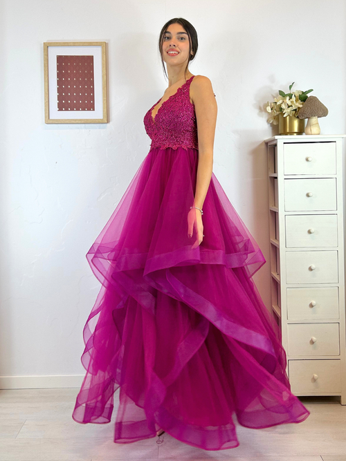 Abito cerimonia corpetto pizzo e balze