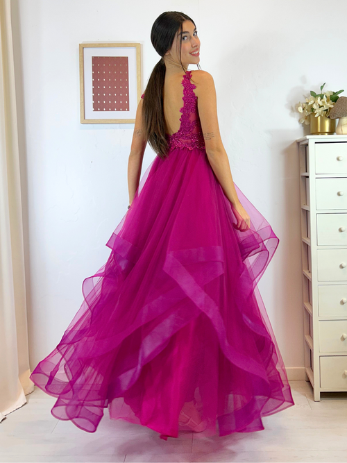 Abito cerimonia corpetto pizzo e balze