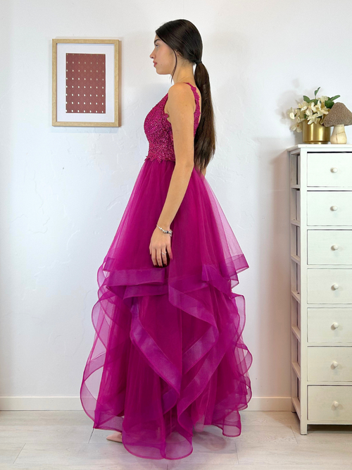 Abito cerimonia corpetto pizzo e balze