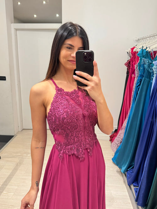 Abito cerimonia scollo americano pizzo e strass