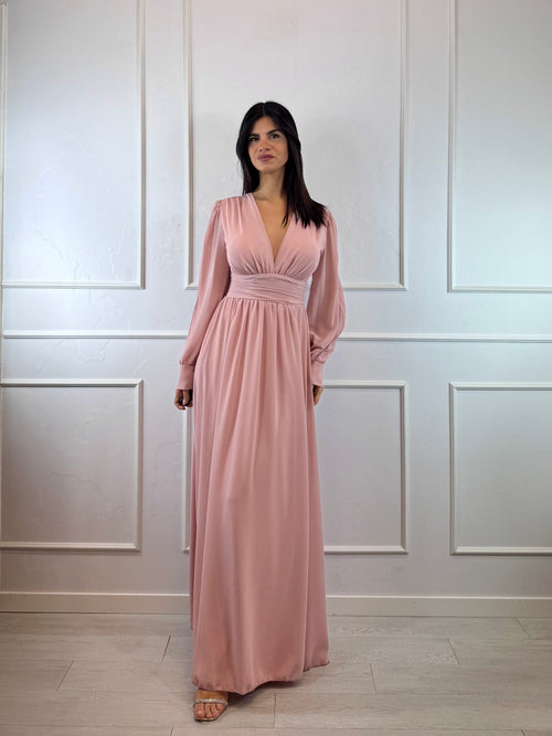 Vestito lungo scollo incrociato arricciato schiena