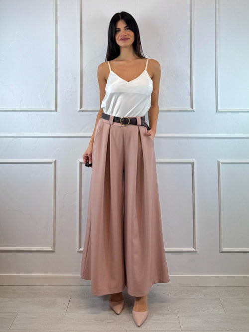 Pantalone palazzo con pence vita arricciata
