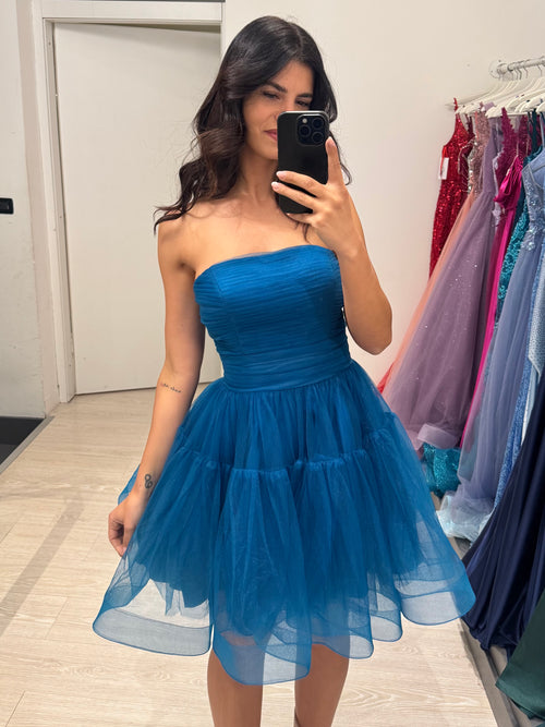Abito cerimonia corto tulle con fiocco