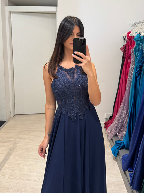 Abito cerimonia scollo americano pizzo e strass