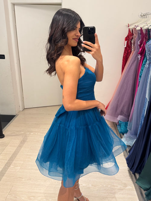 Abito cerimonia corto tulle con fiocco