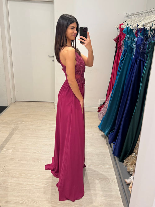 Abito cerimonia scollo americano pizzo e strass