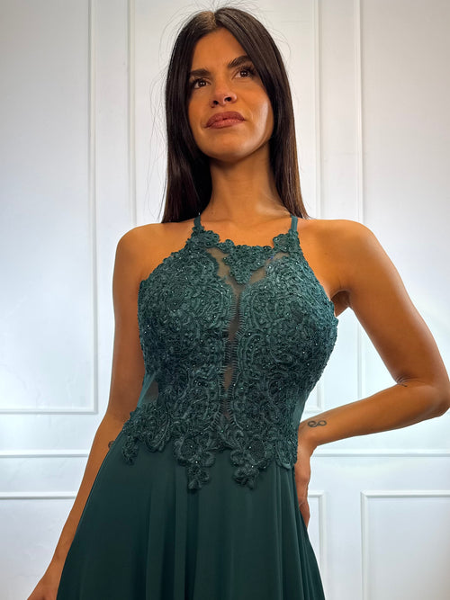 Abito cerimonia scollo americano pizzo e strass