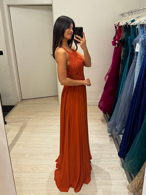 Abito cerimonia scollo americano pizzo e strass
