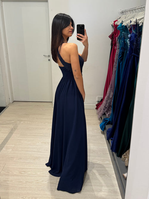Abito cerimonia scollo americano pizzo e strass