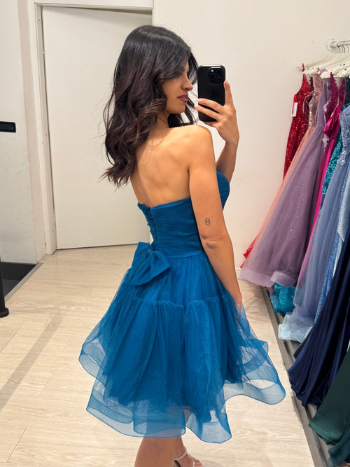 Abito cerimonia corto tulle con fiocco