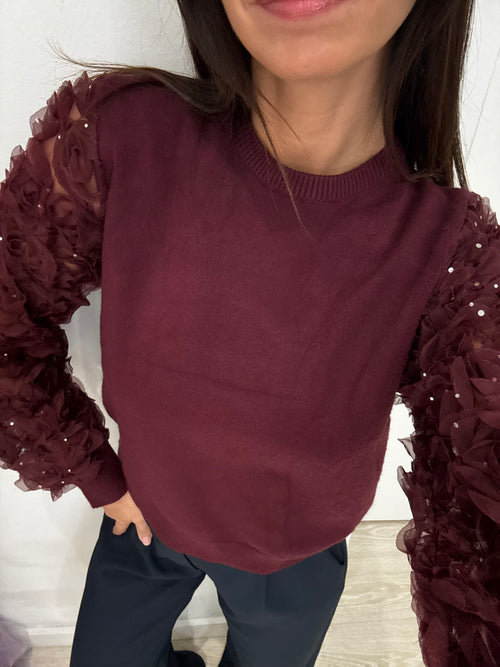 Maglia girocollo maniche inserti fiori