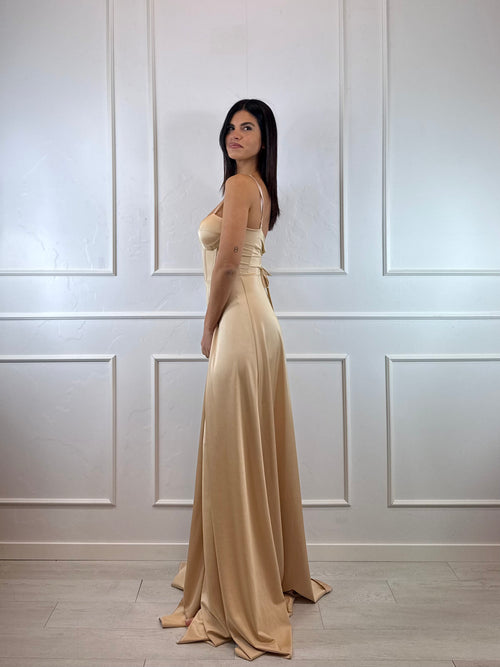 Abito cerimonia raso corsetto intrecciato dietro