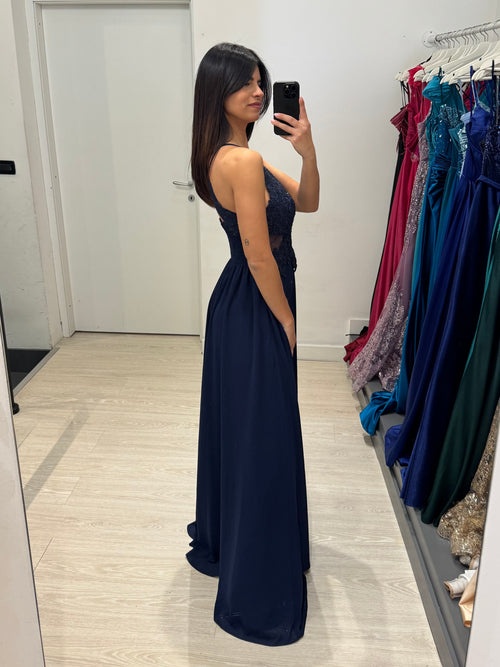 Abito cerimonia scollo americano pizzo e strass