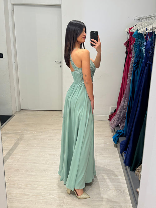 Abito cerimonia scollo americano pizzo e strass