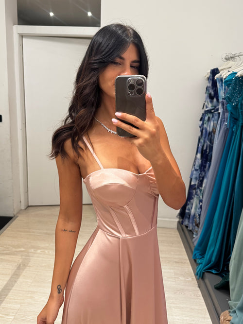 Abito cerimonia raso corsetto intrecciato dietro