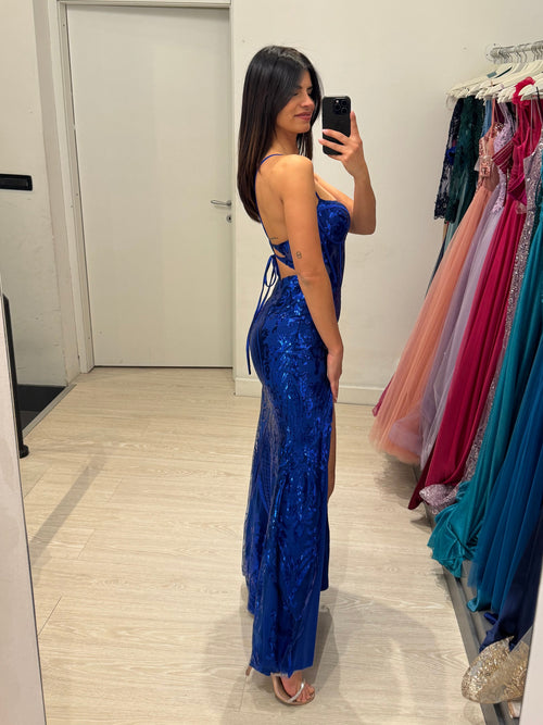 Abito cerimonia sirena damascato paillettes spacco