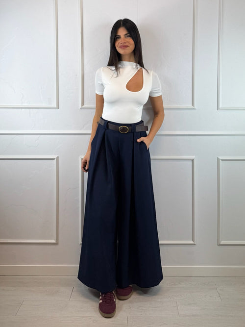 Pantalone palazzo con pence vita arricciata
