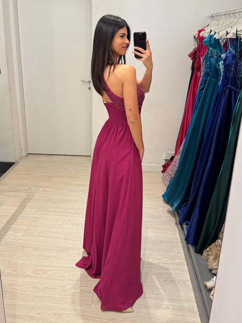 Abito cerimonia scollo americano pizzo e strass