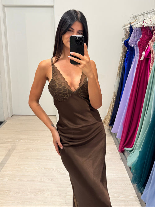 Abito cerimonia satin con coppe in pizzo