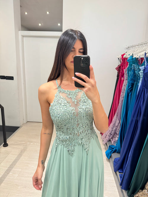 Abito cerimonia scollo americano pizzo e strass