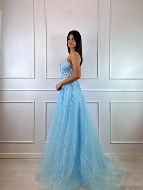 Abito cerimonia corpetto pizzo gonna brilli tulle