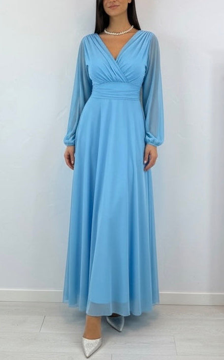 Abito cerimonia tulle scollo v maniche