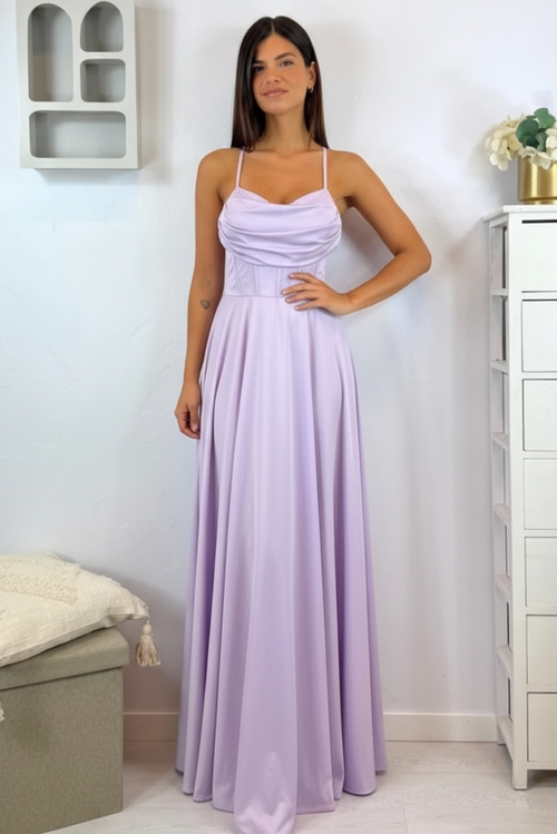 Vestito lungo raso corpetto strutturato spacco