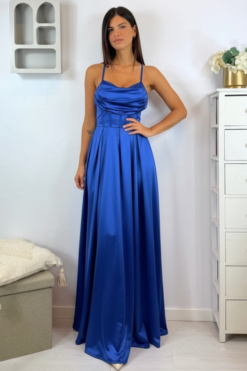 Vestito lungo raso corpetto strutturato spacco